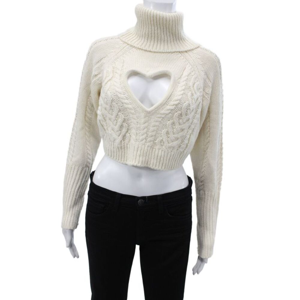 For Love & Lemons Unisex Turtleneck Pullover Heart Sweater Beige Size S